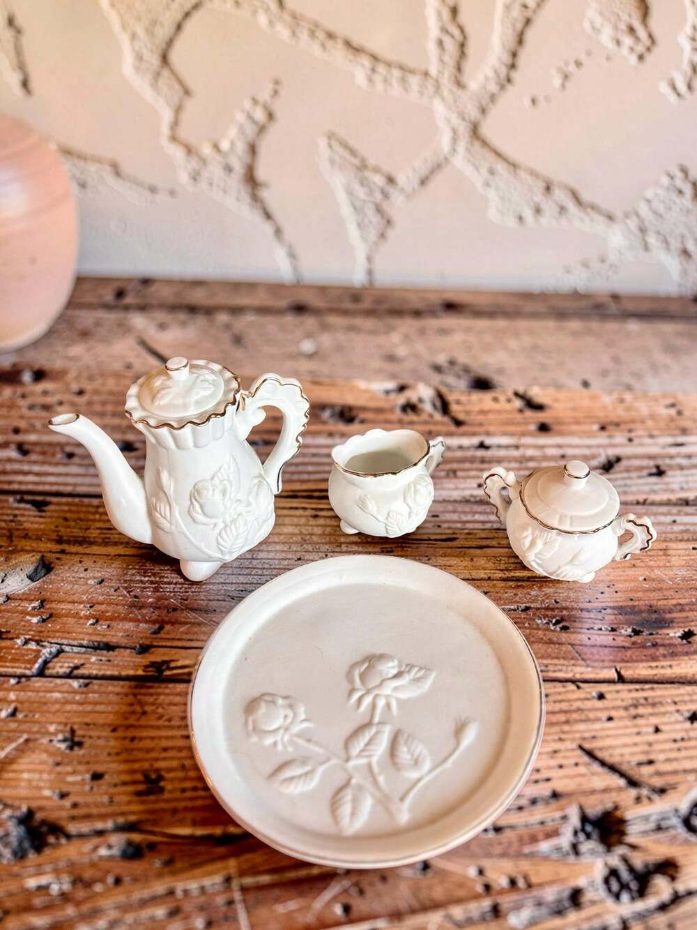 Vintage 1997 Miniature Porcelain Tea Cup Set White Bisque Tea Service Gold Trim